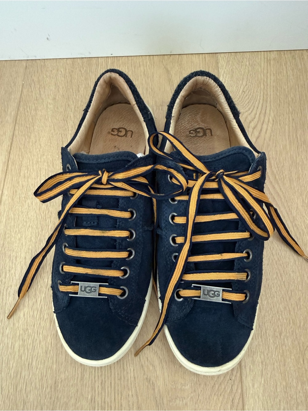 UGG Navy Suede Lace-Up Sneakers Women’s Size 6 Gold Laces Casual Shoes